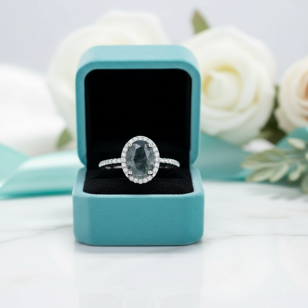 Love as Old as the Hills- Oval Shape Moss Agate Gemstone Halo Engagement Rings - Evani Naomi Jewelry