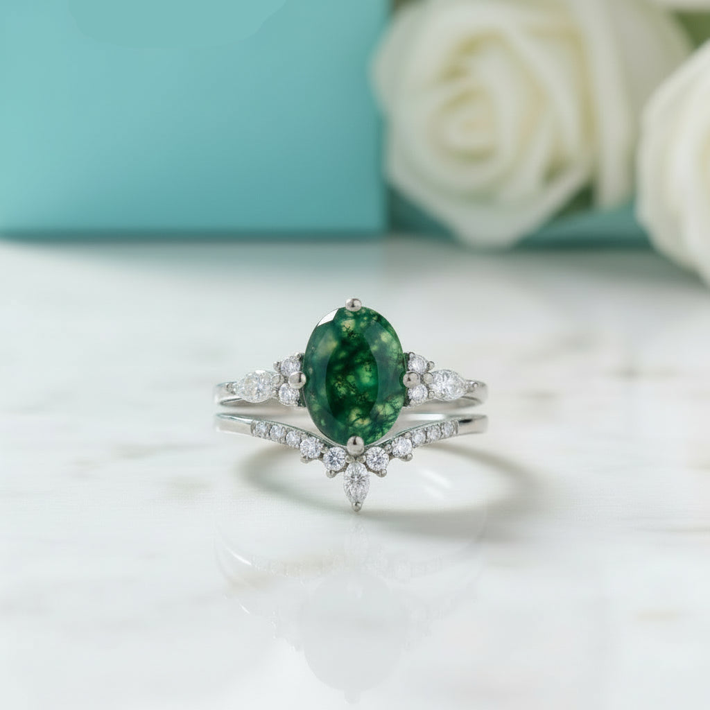 Woven Love- Kite Cut Natural Unique Moss Agate Ring in White Gold