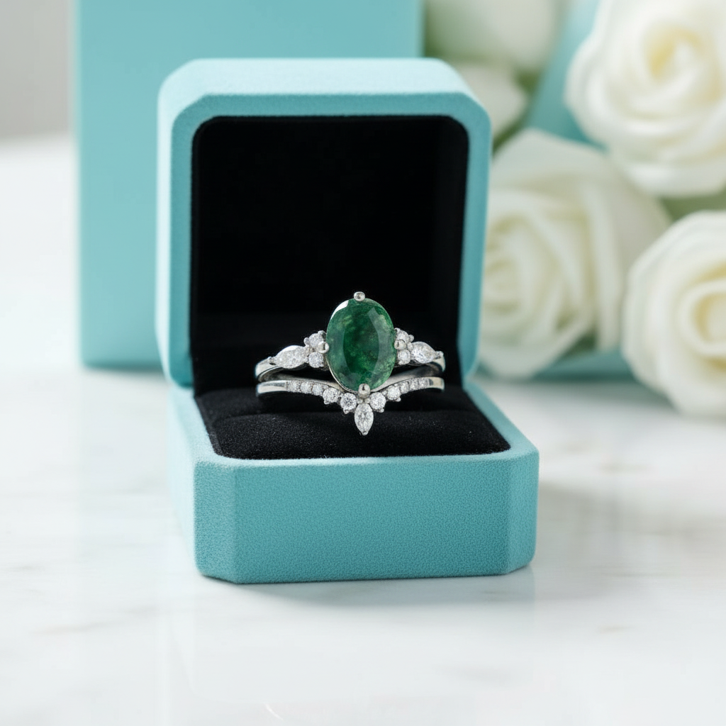 Woven Love- Kite Cut Natural Unique Moss Agate Ring in White Gold