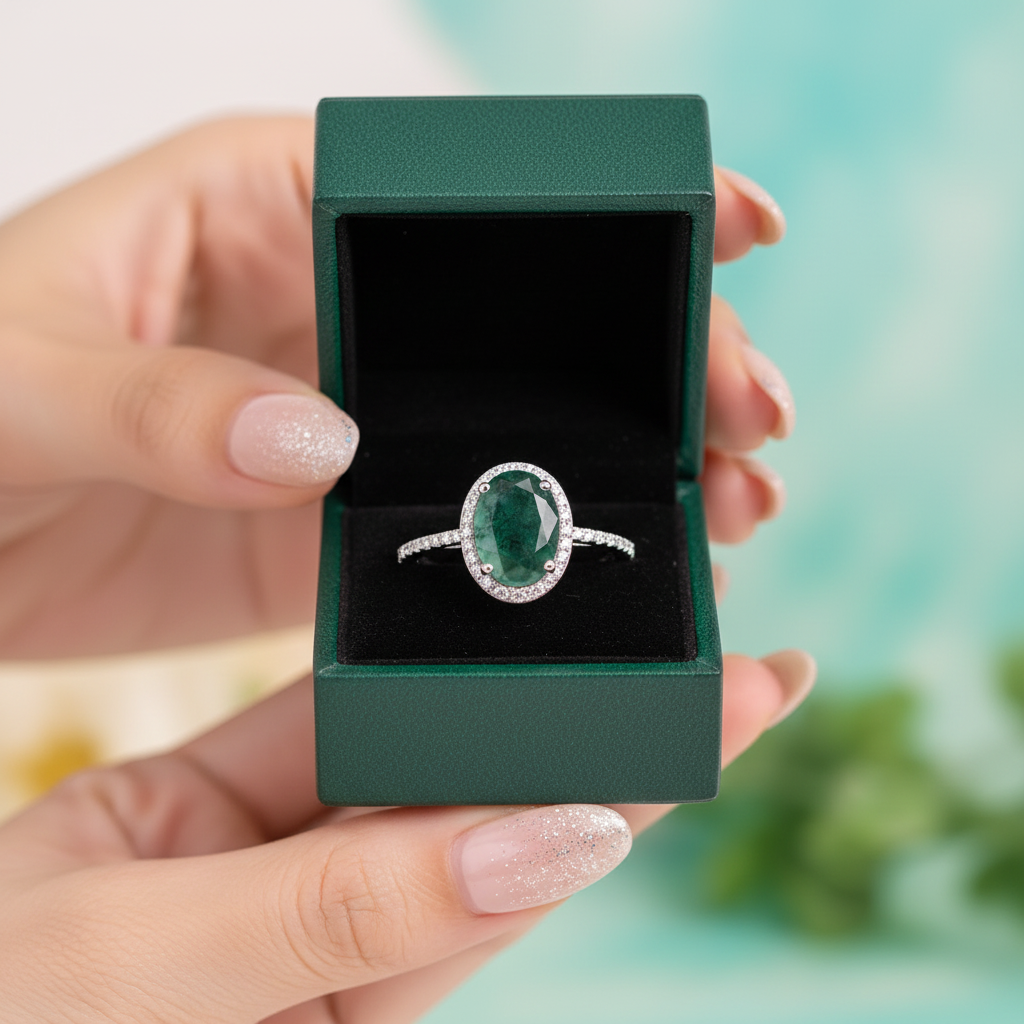 Ethereal Bond- Oval Halo Natural Moss Agate & Lab Alexandrite Engagement Ring