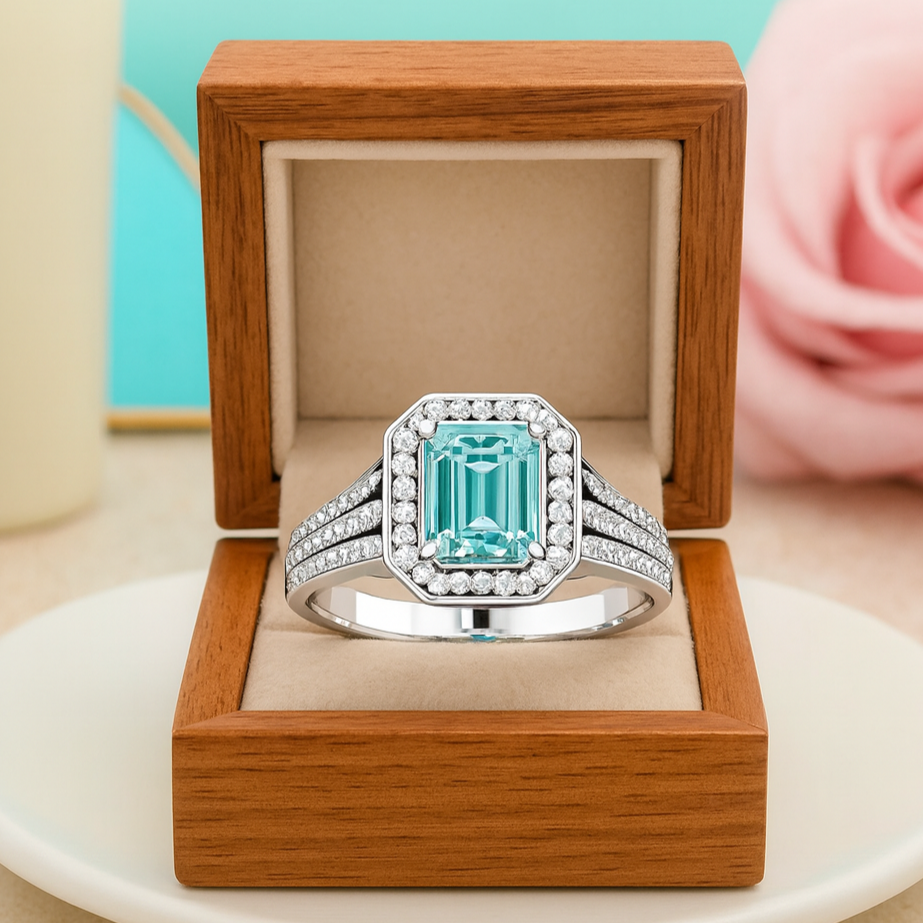 Silver ring with a green gemstone in a wooden box on a light surface with a blurred pink rose in the background.