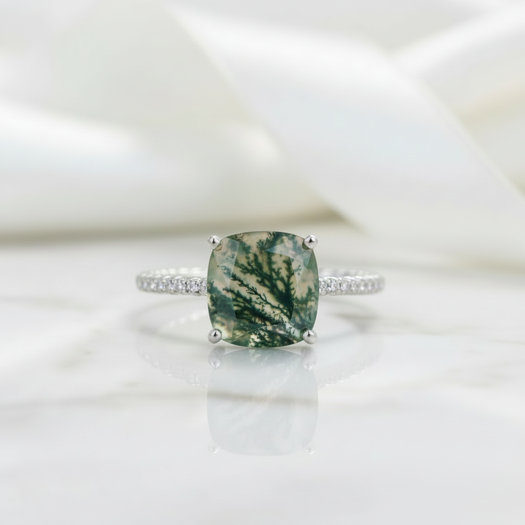 Dawn's Kiss- Cushion Cut Moss Agate Promise Ring