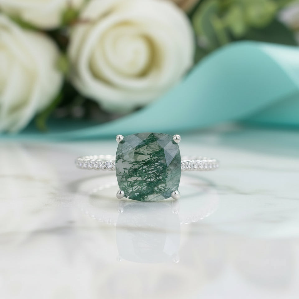 Dawn's Kiss- Cushion Cut Moss Agate Promise Ring-Evani Jewelry