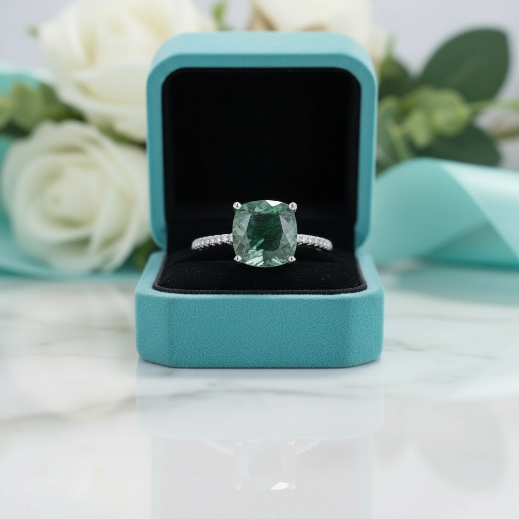 Dawn's Kiss- Cushion Cut Moss Agate Promise Ring - Evani Naomi Jewelry
