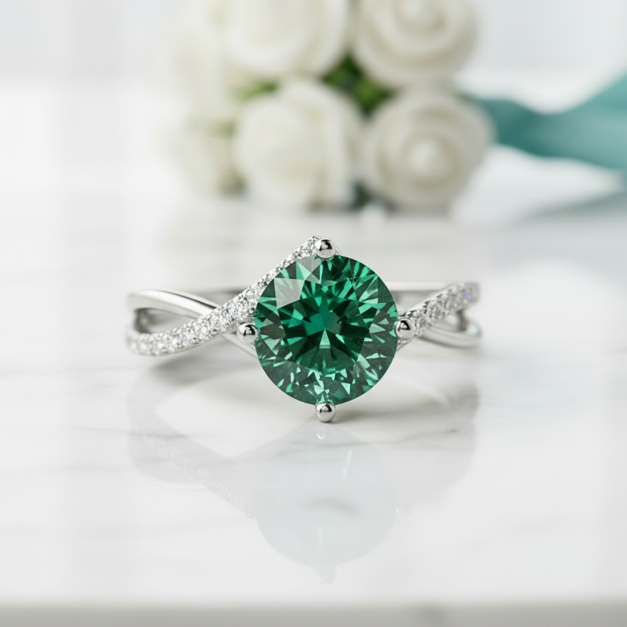 3.0 Ct Round Cut Emerald Twisted Bypass Pave Engagement Ring-Evani Jewelry