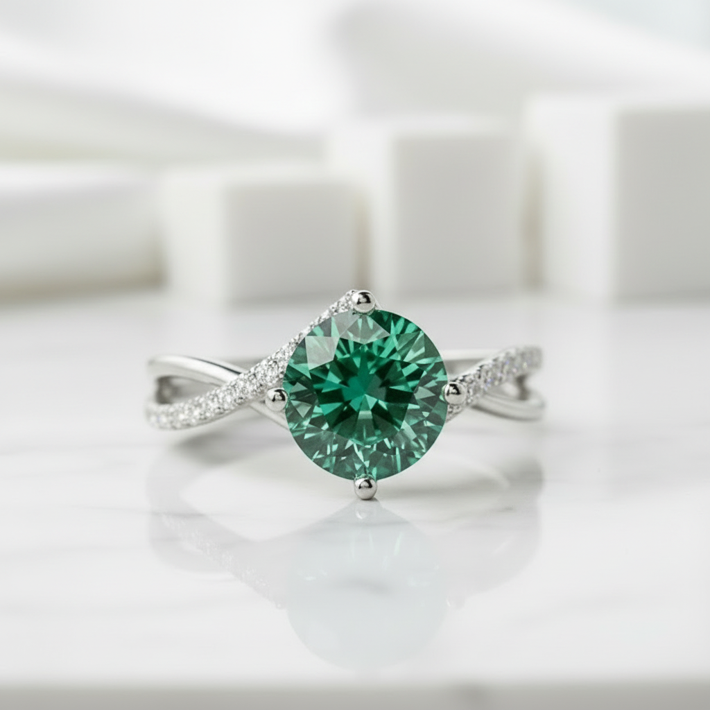 3.0 Ct Round Cut Emerald Twisted Bypass Pave Engagement Ring-Evani Jewelry