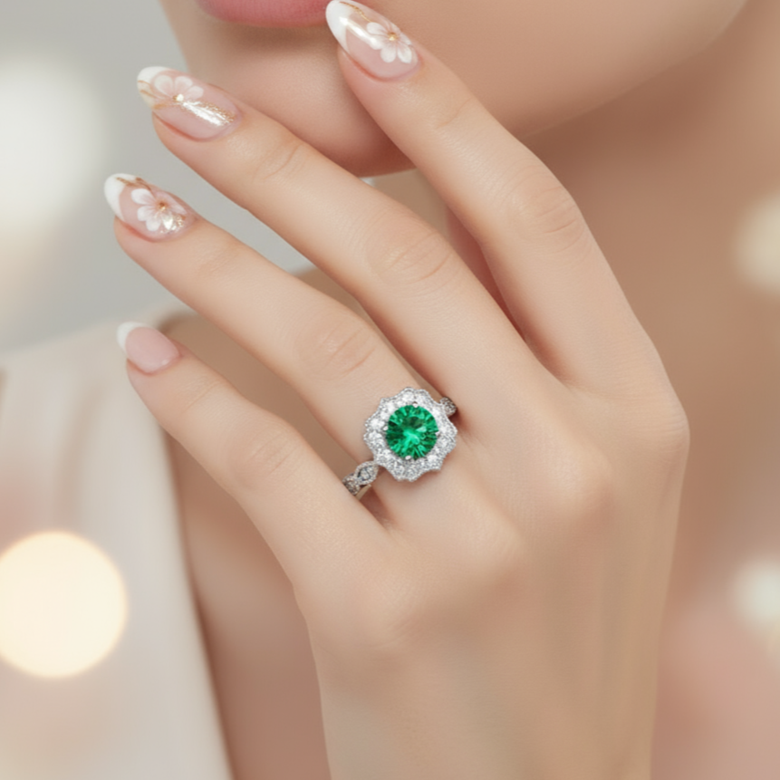 Silver ring with a green gemstone on a white background
