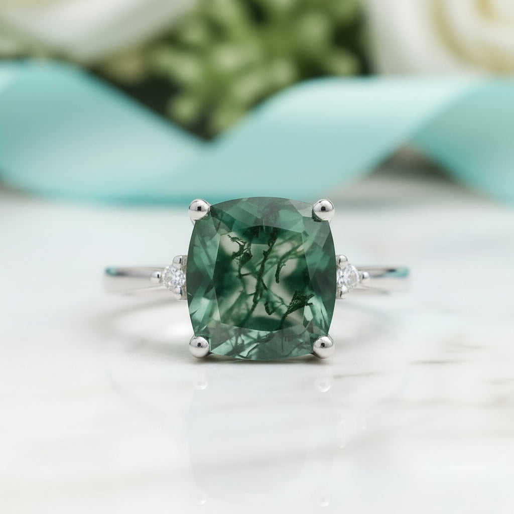 Heartfelt Awakening- Cushion Cut Natural Unique Moss Agate Open Ring-Evani Jewelry