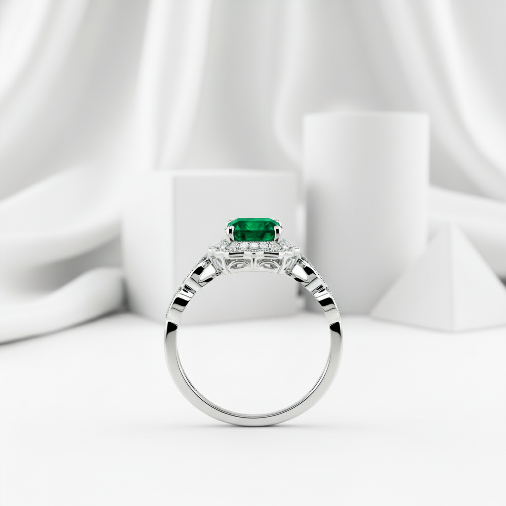 2 ct Vintage Halo Round Cut Emerald Engagement Ring-Evani Jewelry