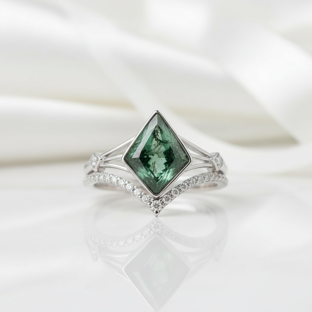 Constellation of Two Souls- Kite Cut Natural Unique Moss Agate Promise Ring
