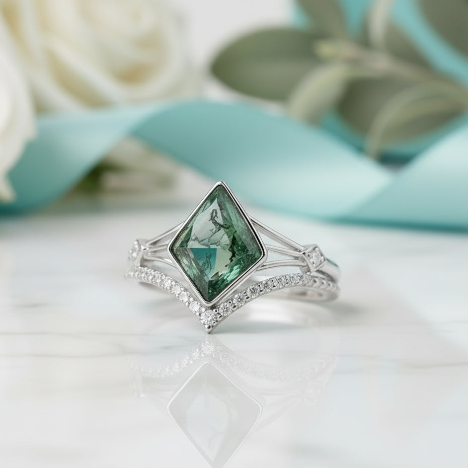 Constellation of Two Souls- Kite Cut Natural Unique Moss Agate Promise Ring-Evani Jewelry
