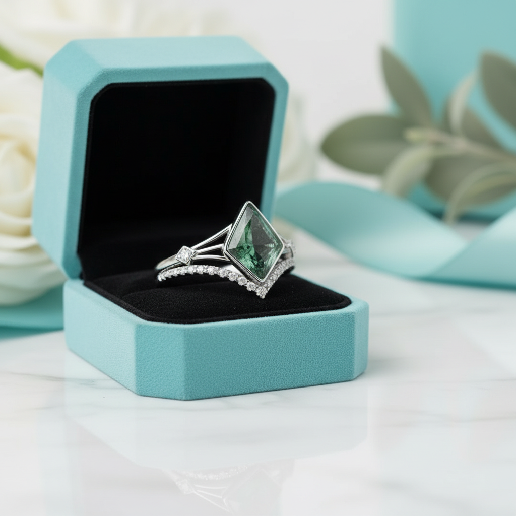 Constellation of Two Souls- Kite Cut Natural Unique Moss Agate Promise Ring - Evani Naomi Jewelry