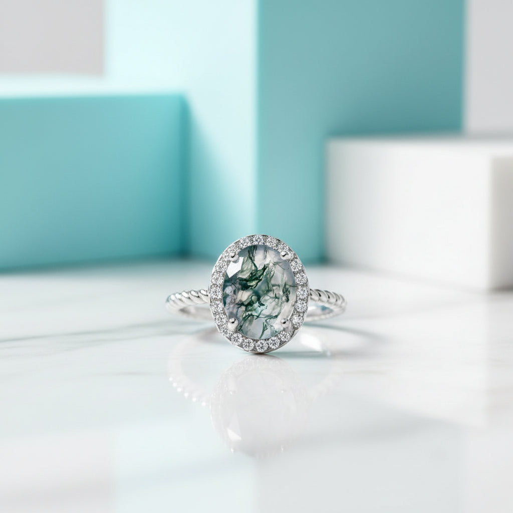 Love as Old as the Hills- Oval Shape Moss Agate Gemstone Halo Engagement Rings-Evani Jewelry