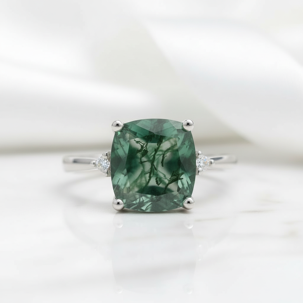 Heartfelt Awakening- Cushion Cut Natural Unique Moss Agate Open Ring