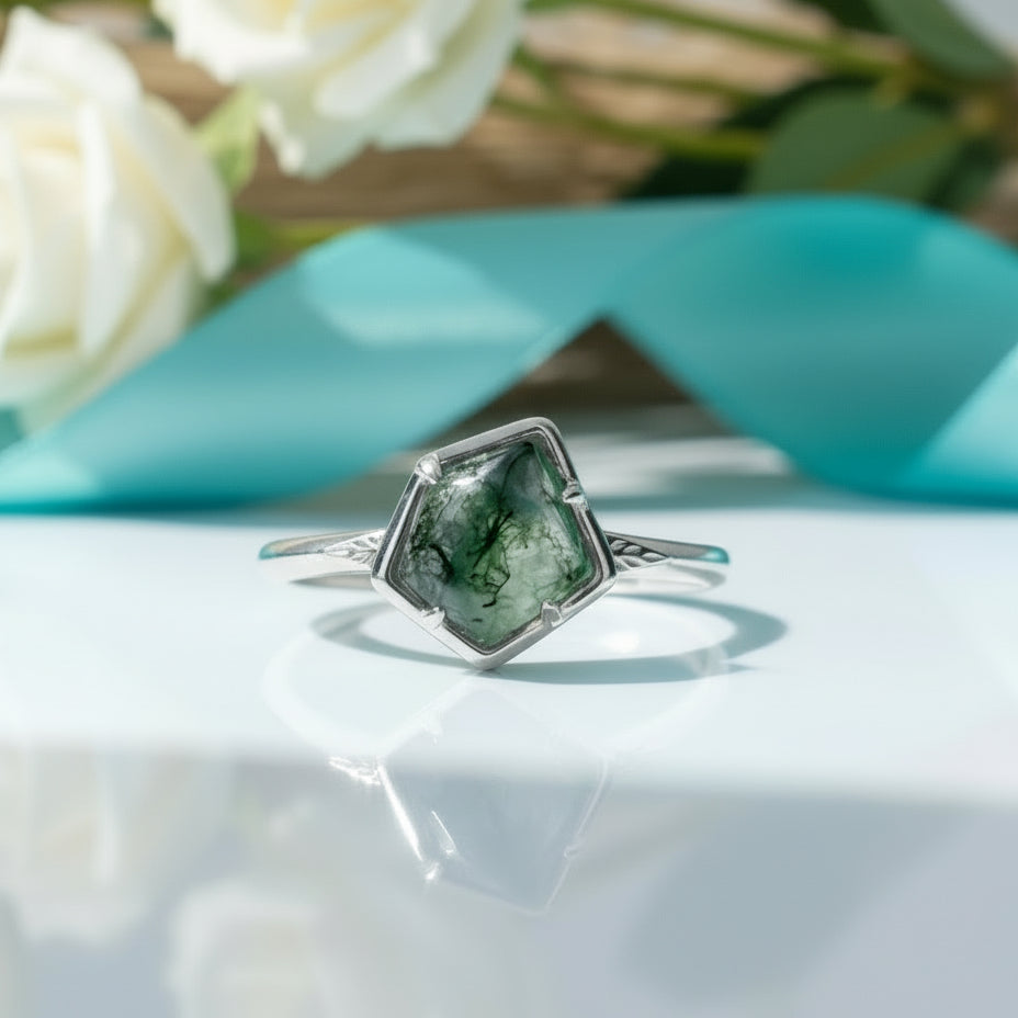 Where Our Souls Sprout- Unique Natural Gemstone Moss Agate Ring