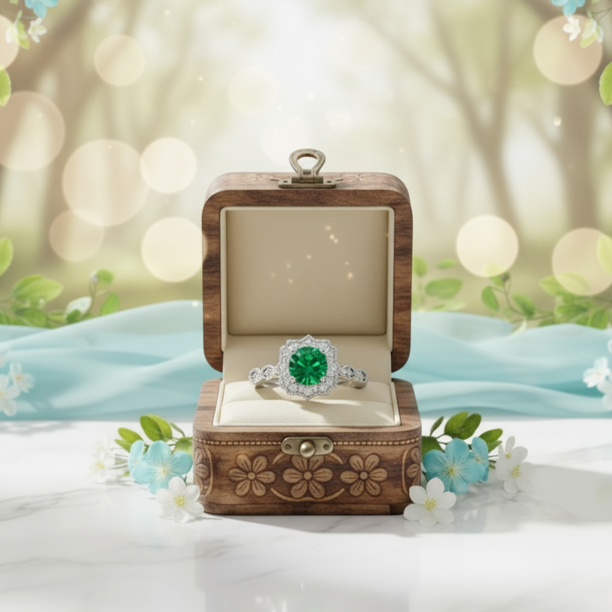 Silver ring with a green gemstone on a white background