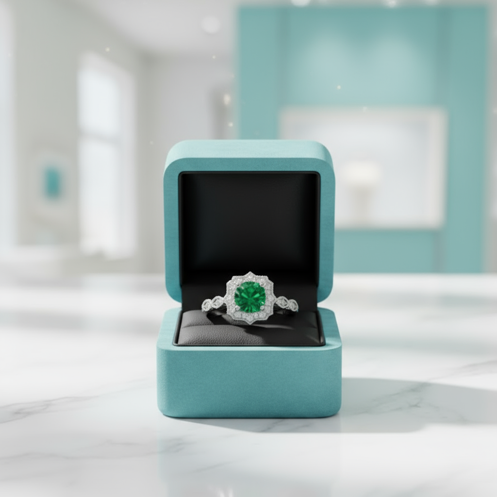 2 ct Vintage Halo Round Cut Emerald Engagement Ring-Evani Jewelry