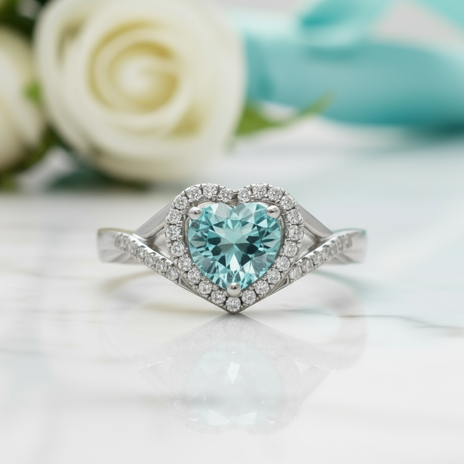 1.0 Ct Round Cut Aquamarine Heart Style Engagement Ring-Evani Jewelry