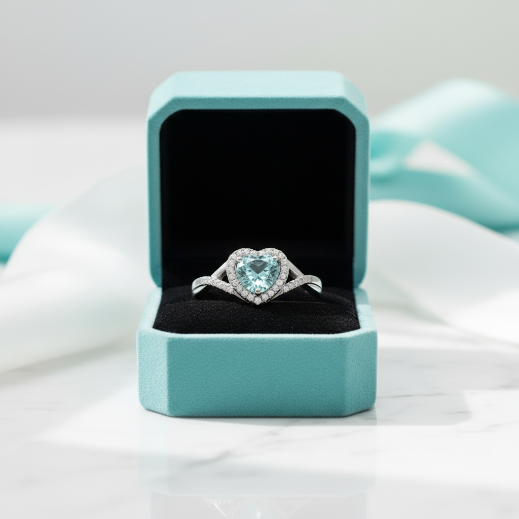 1.0 Ct Round Cut Aquamarine Heart Style Engagement Ring-Evani Jewelry