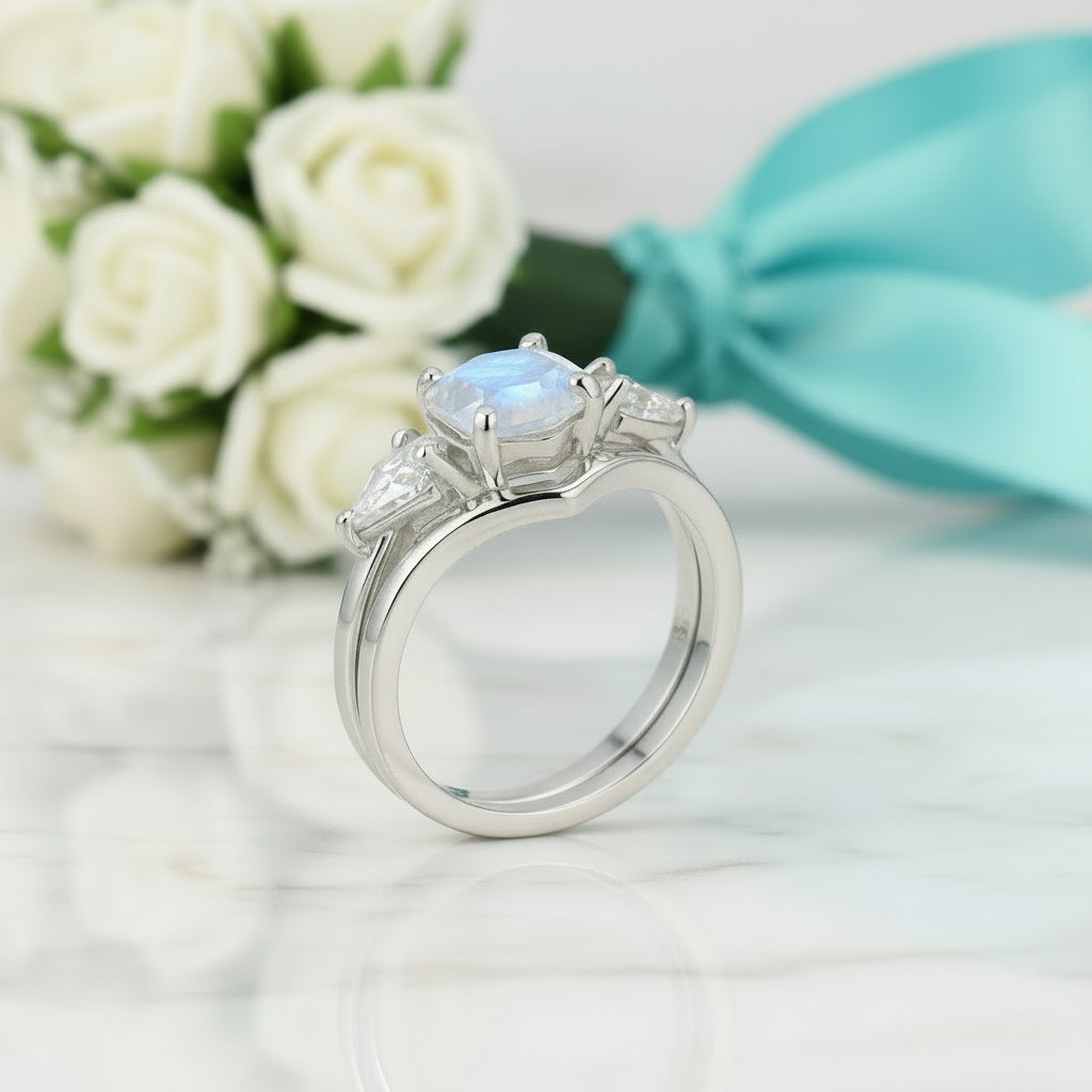 Hexagon Cut Natural Moonstone Birthstone Ring Set-Evani Jewelry