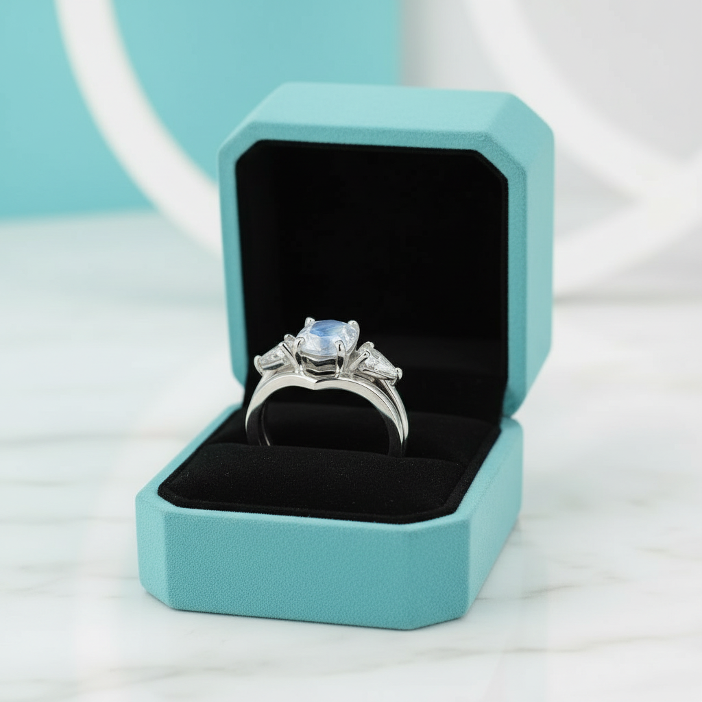 Hexagon Cut Natural Moonstone Birthstone Ring Set-Evani Jewelry