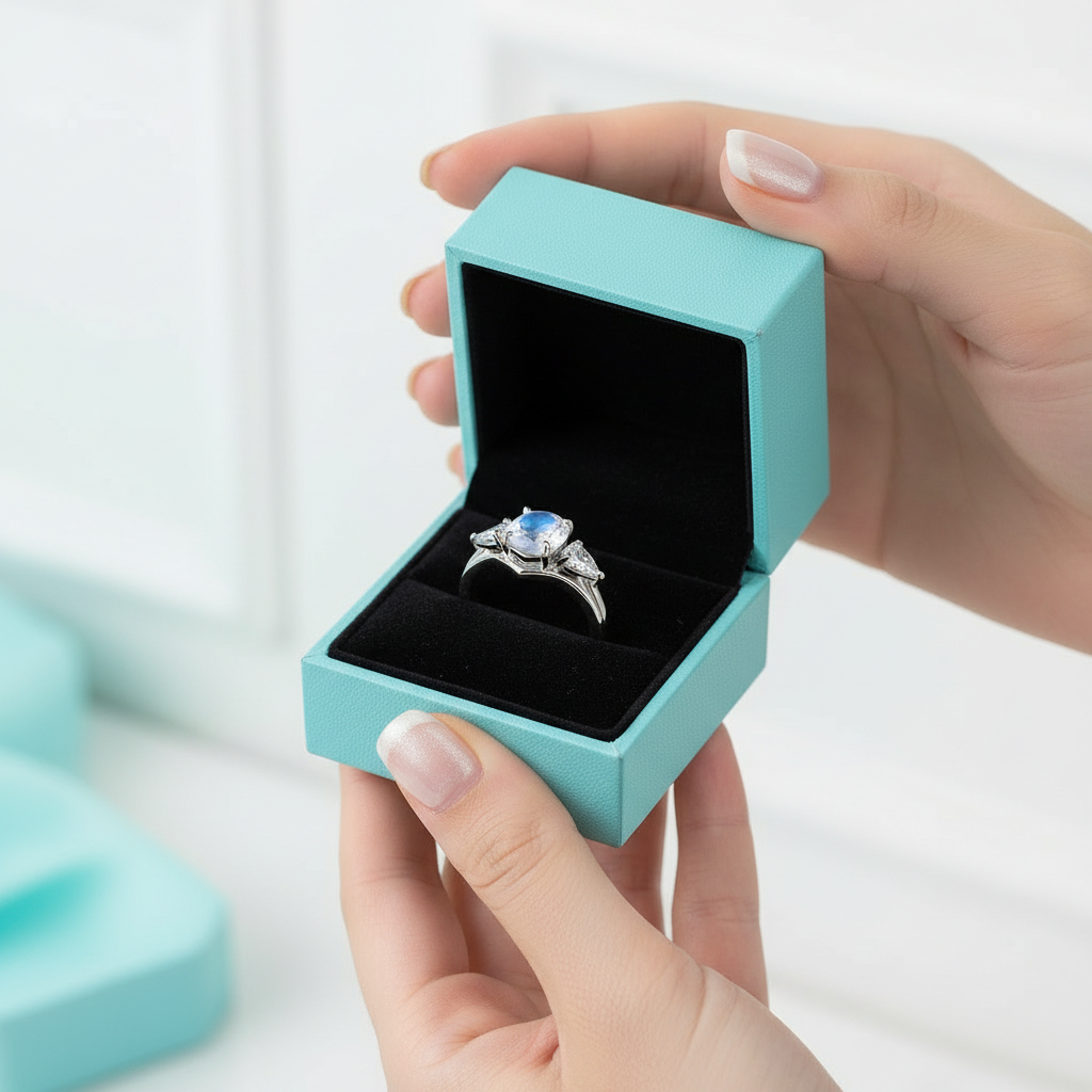 Hexagon Cut Natural Moonstone Birthstone Ring Set-Evani Jewelry