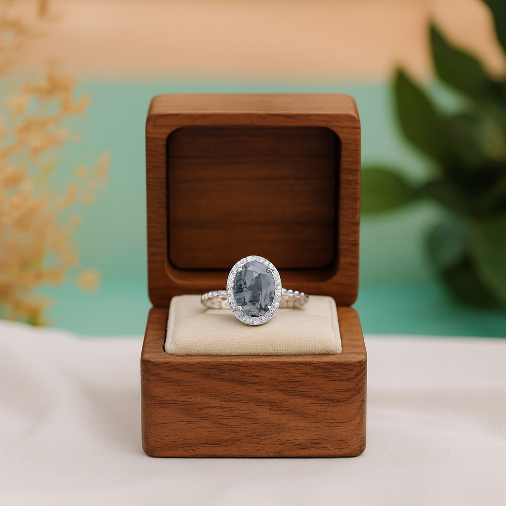 Silver ring with a large gemstone in a wooden box against a blurred natural background
