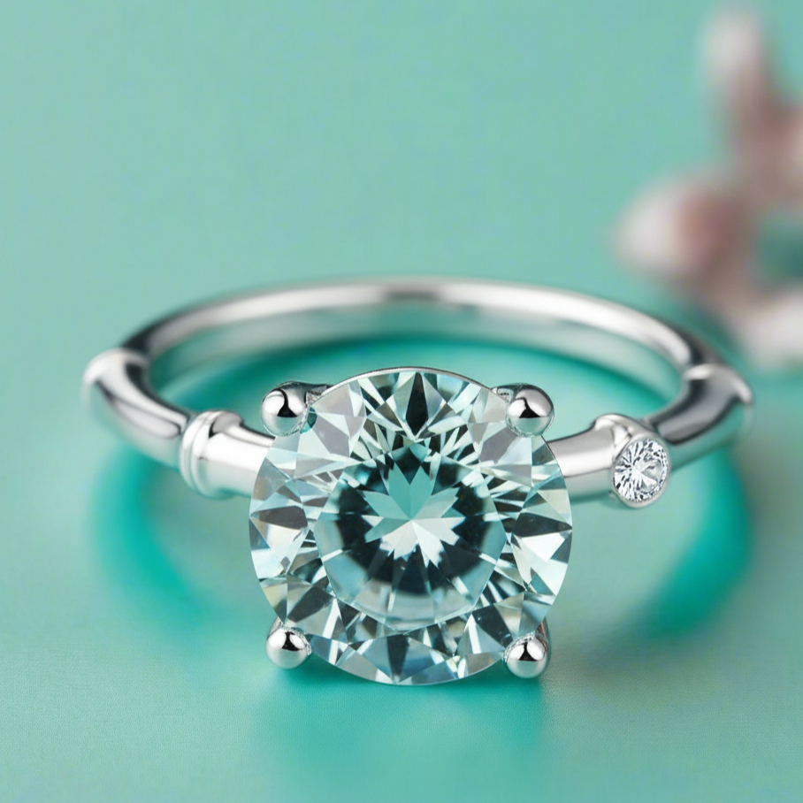 Silver ring with a large gemstone on a teal background