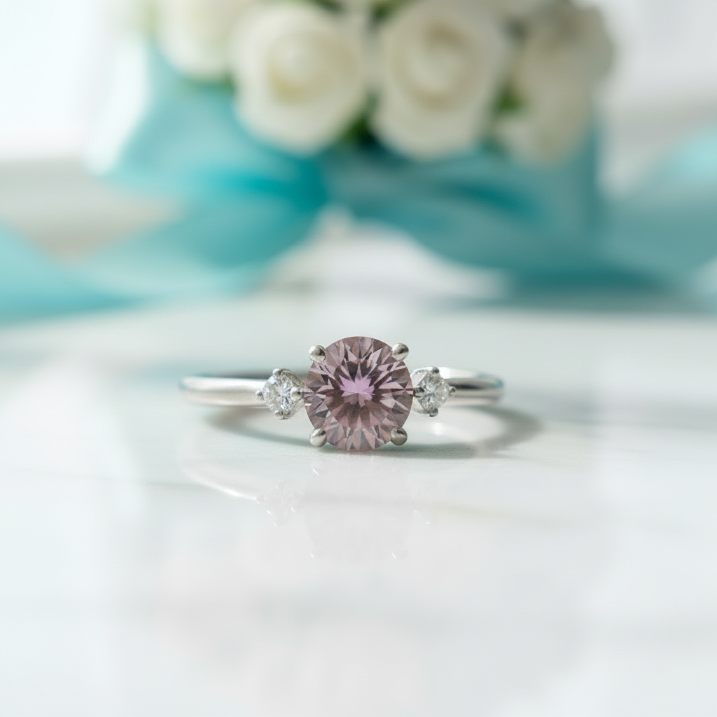 Silver ring with a pink gemstone on a white background
