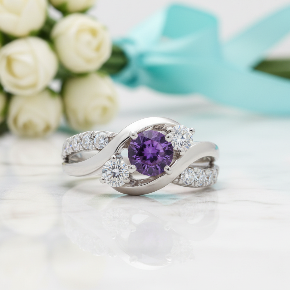 2.0 ct Round Cut Amethyst Three Stone Twisted Engagement Ring-Evani Jewelry