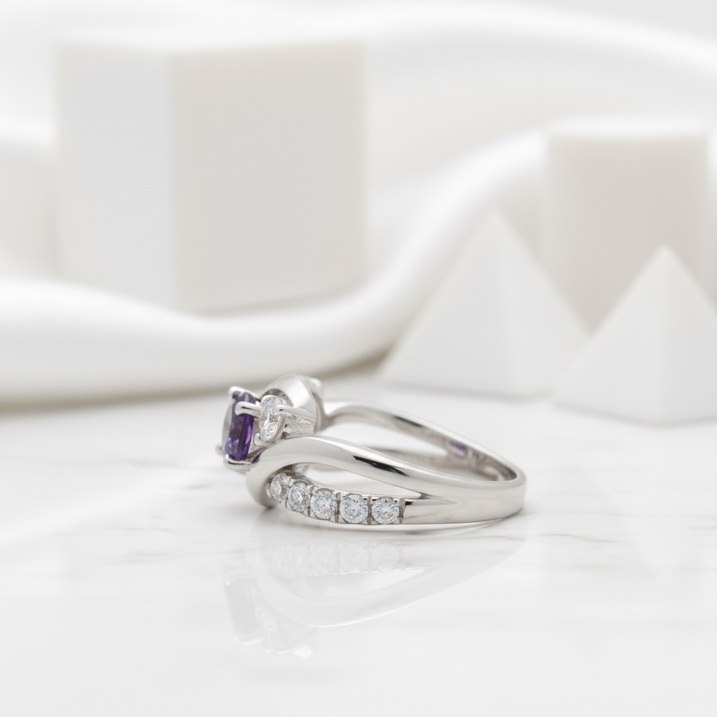 2.0 ct Round Cut Amethyst Three Stone Twisted Engagement Ring-Evani Jewelry