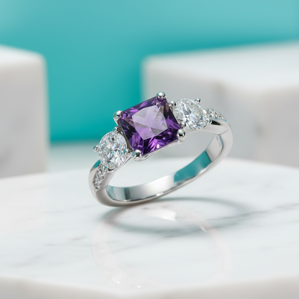 1.5 Ct Princess Cut Amethyst Three Stone Engagement Ring-Evani Jewelry