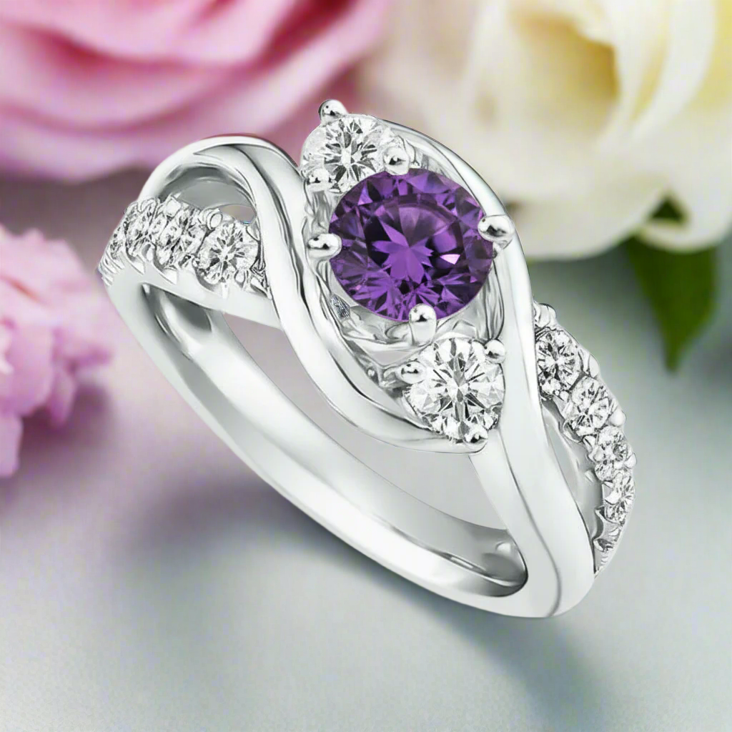 Silver ring with a purple gemstone and smaller diamonds on a white background