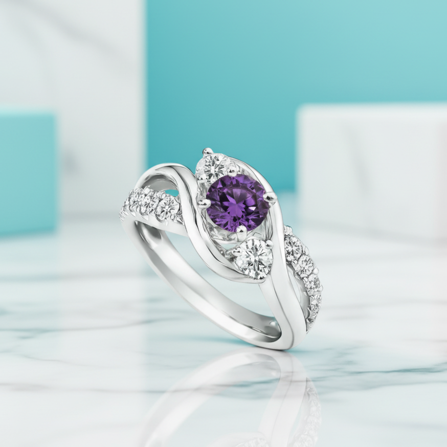 2.0 ct Round Cut Amethyst Three Stone Twisted Engagement Ring-Evani Jewelry