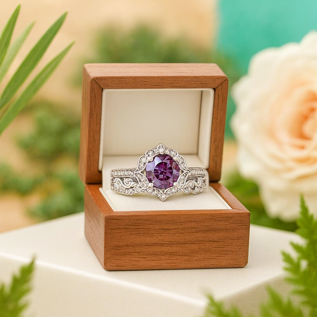 Silver ring with a purple gemstone in a wooden box, surrounded by flowers and greenery.
