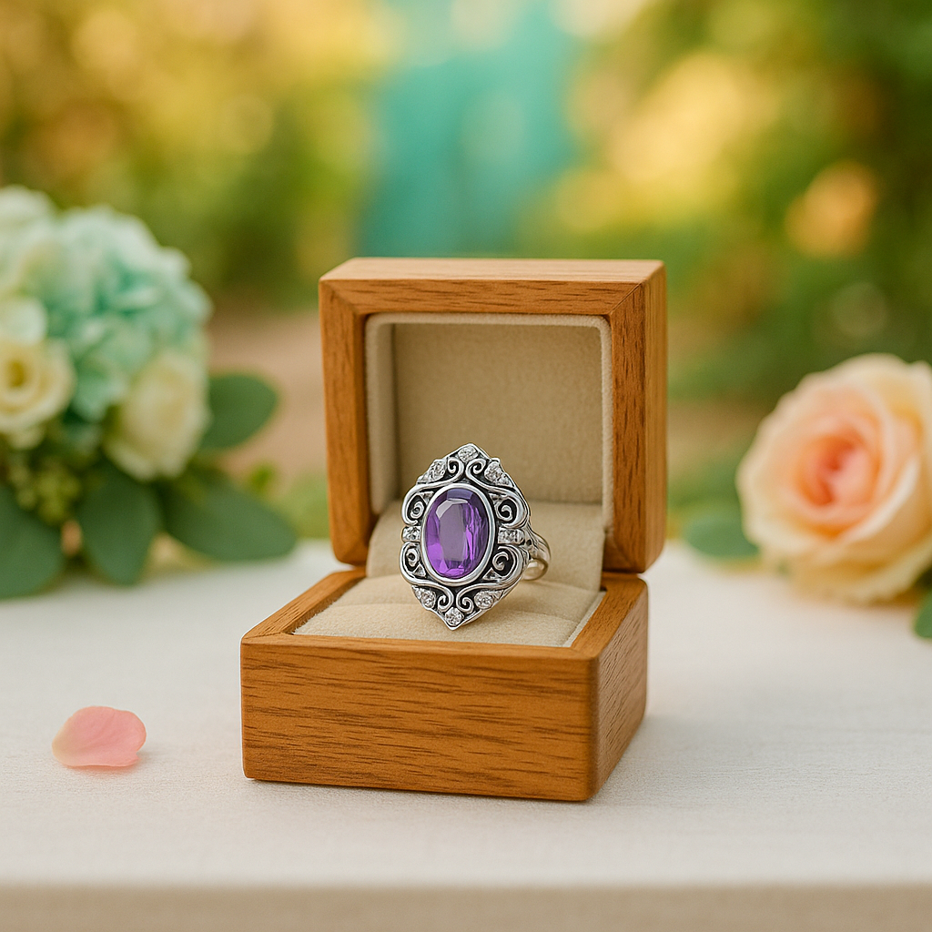 Silver ring with a purple gemstone in a wooden box with flowers in the background