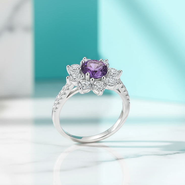 2.0 Ct Round Cut Amethyst Sunflower Halo Engagement Ring-Evani Jewelry