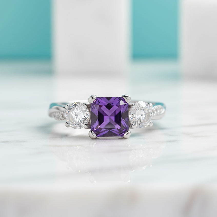 1.5 Ct Princess Cut Amethyst Three Stone Engagement Ring-Evani Jewelry