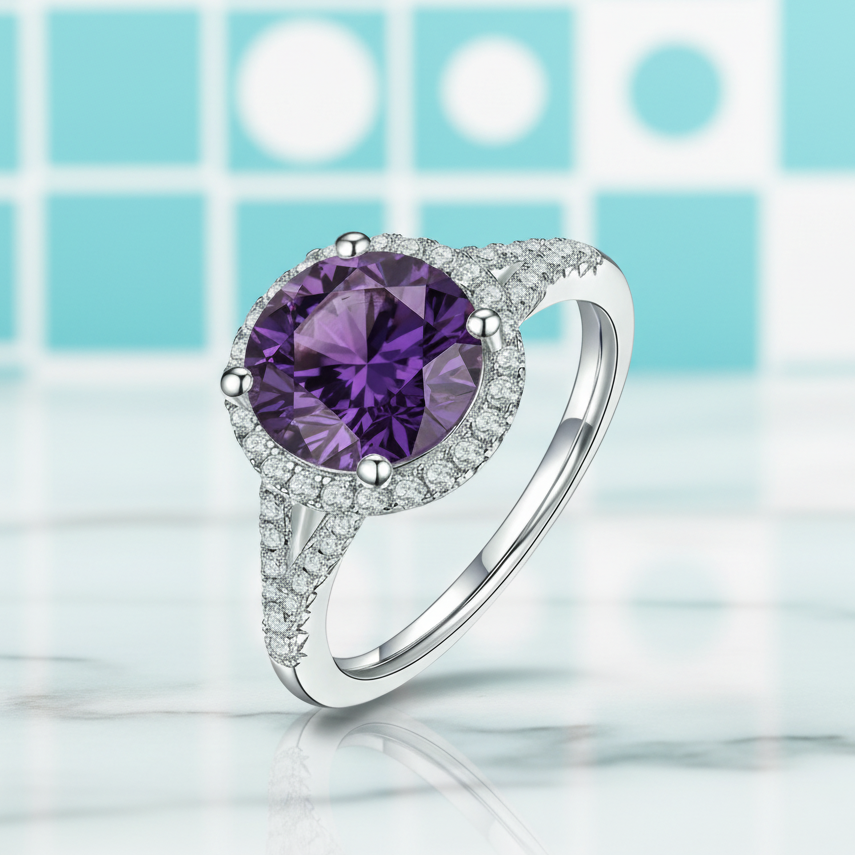 Classic 1.0 Ct Round Cut Amethyst Halo Engagement Ring-Evani Jewelry
