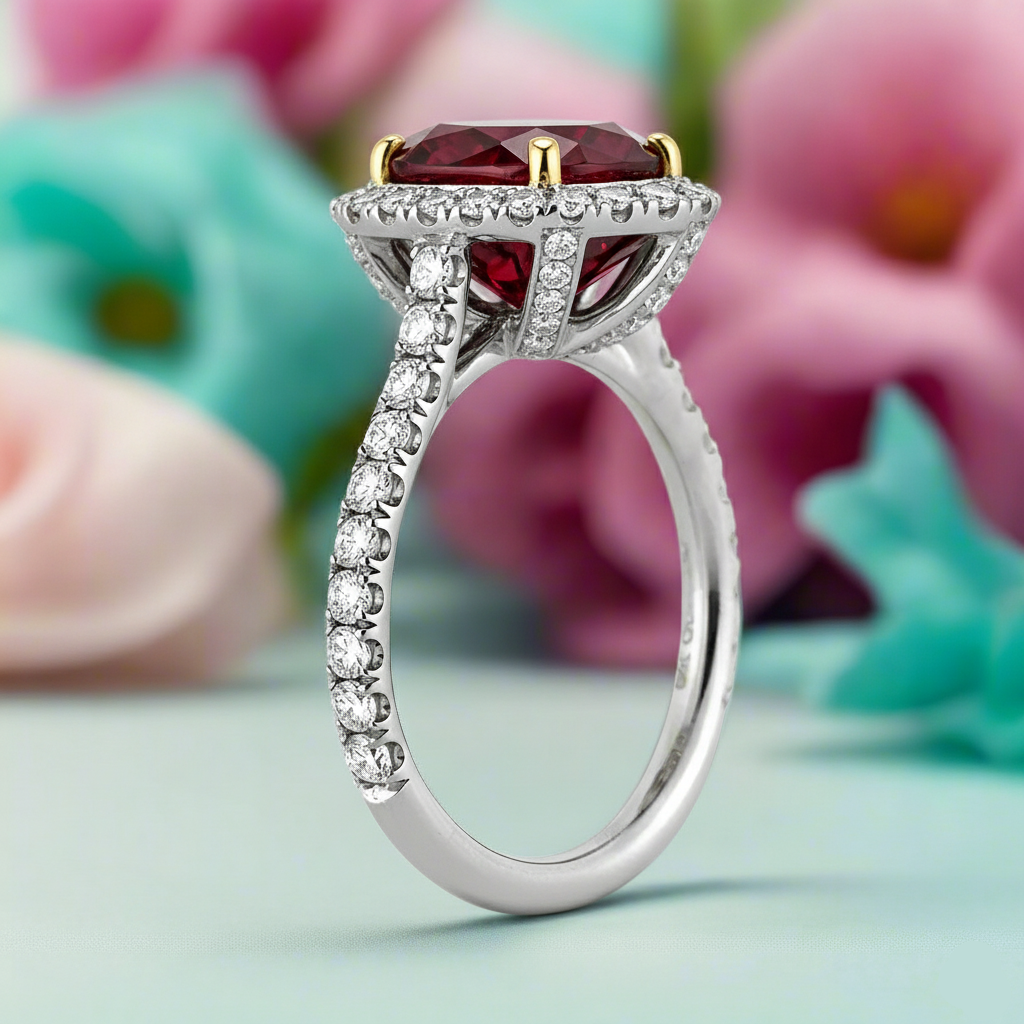 Silver ring with a red gemstone and diamond accents on a floral background