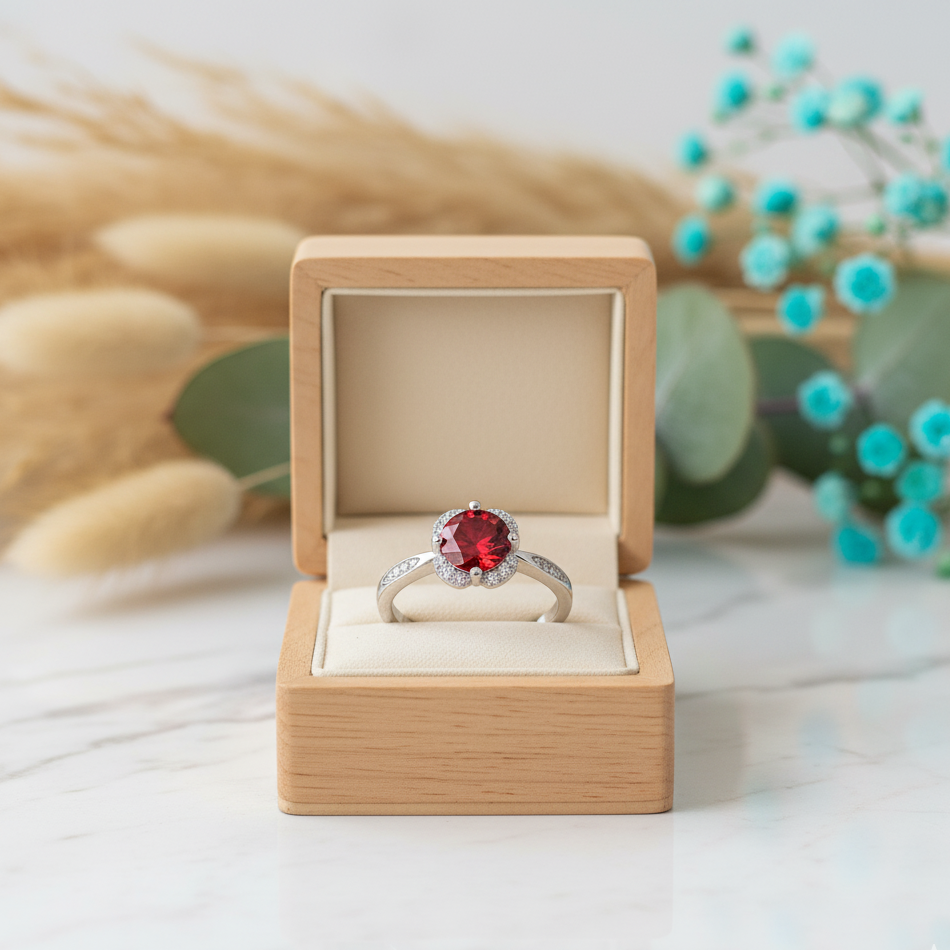 Silver ring with a red gemstone in a wooden box on a light background