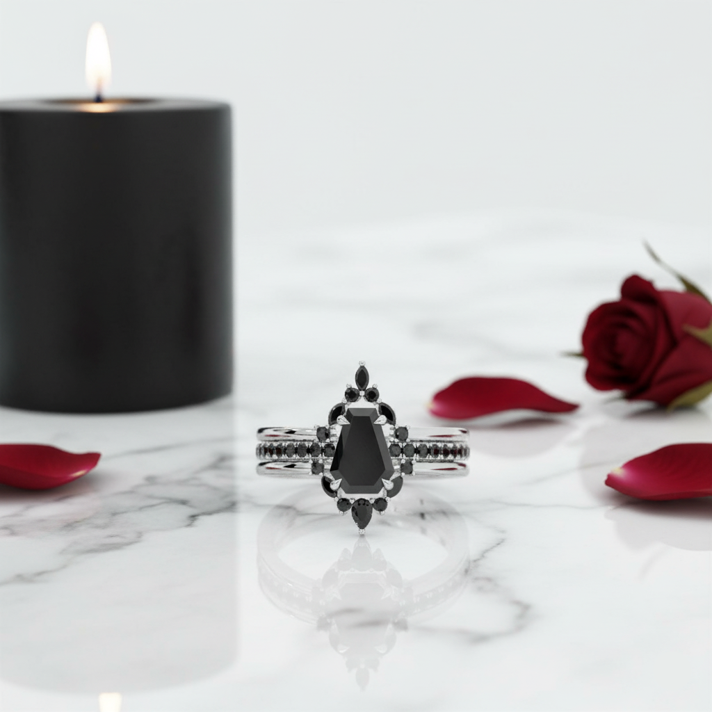 Silver ring with black gemstone on a marble surface with a black candle and red rose petals.