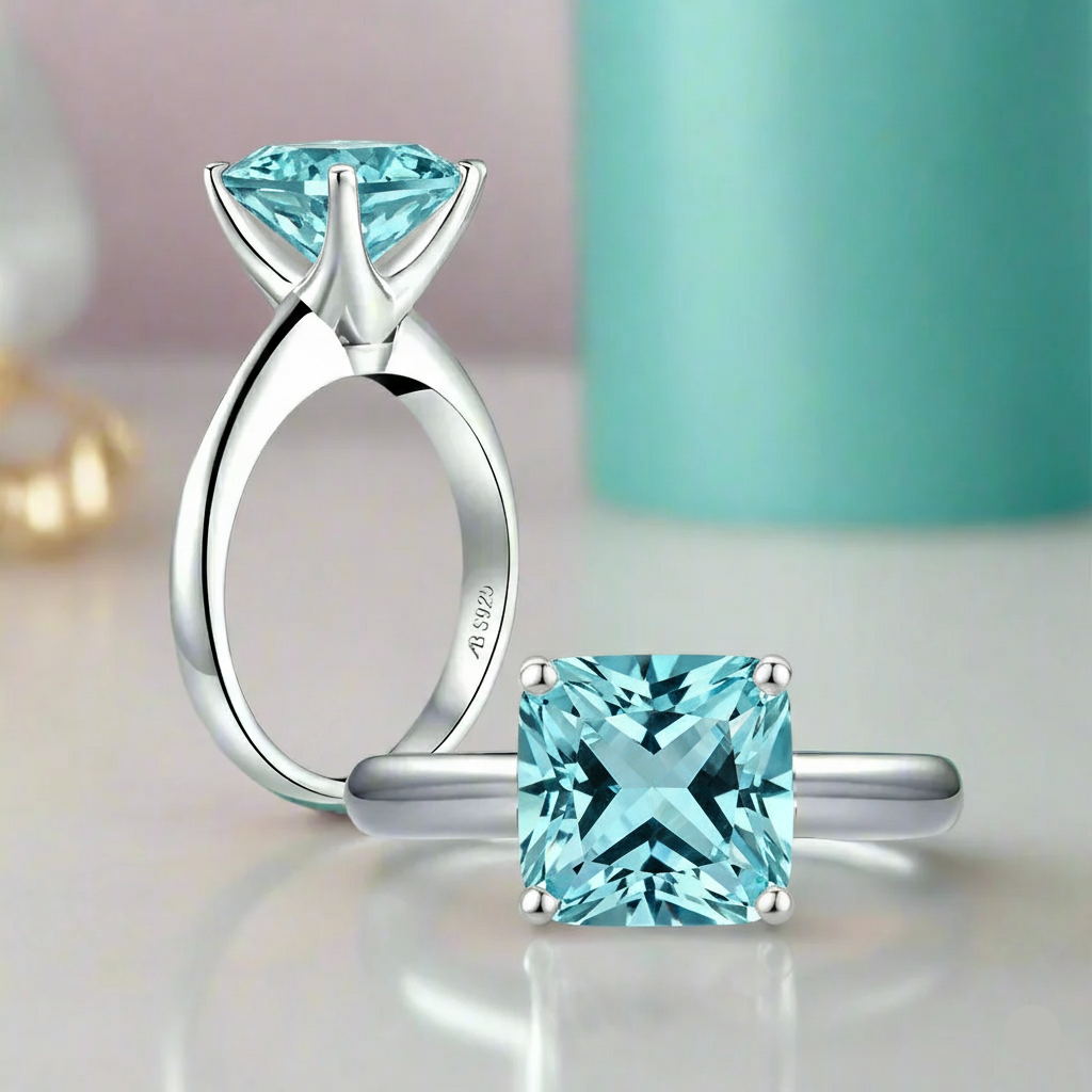 Silver ring with blue gemstone on a reflective surface