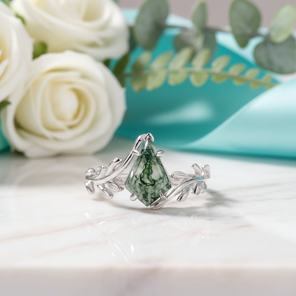 Glade of Shared Laughter- Kite Cut Natural Moss Agate Leaf Rings-Evani Jewelry