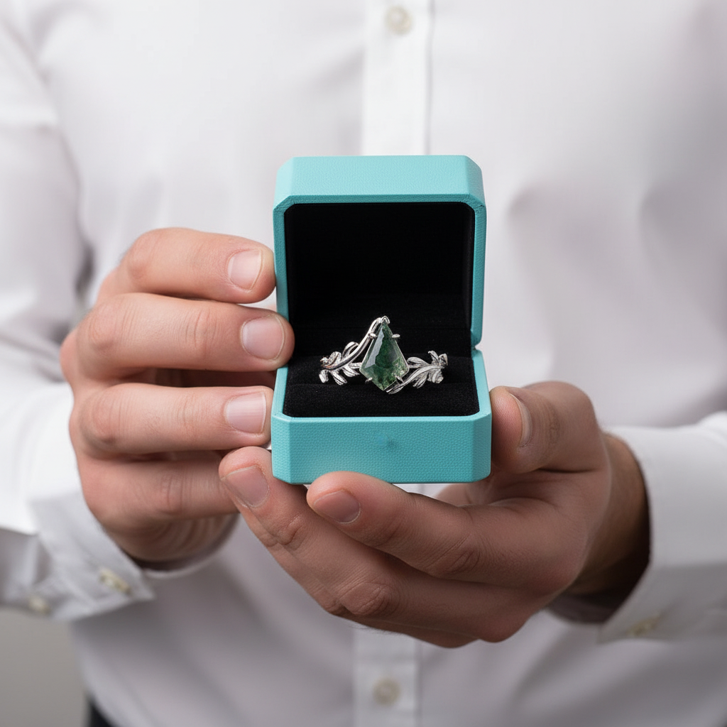 Glade of Shared Laughter- Kite Cut Natural Moss Agate Leaf Rings