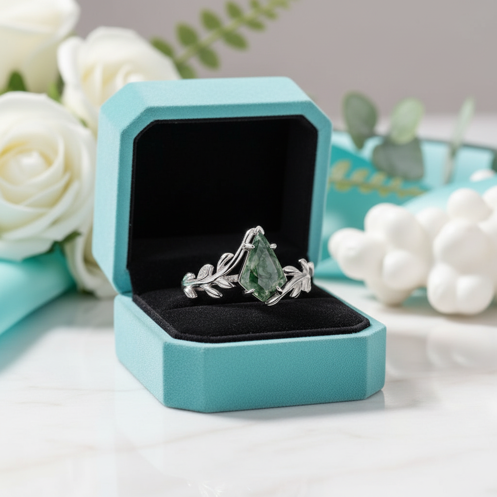 Glade of Shared Laughter- Kite Cut Natural Moss Agate Leaf Rings