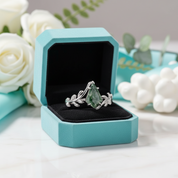 Glade of Shared Laughter- Kite Cut Natural Moss Agate Leaf Rings