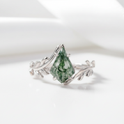 Glade of Shared Laughter- Kite Cut Natural Moss Agate Leaf Rings