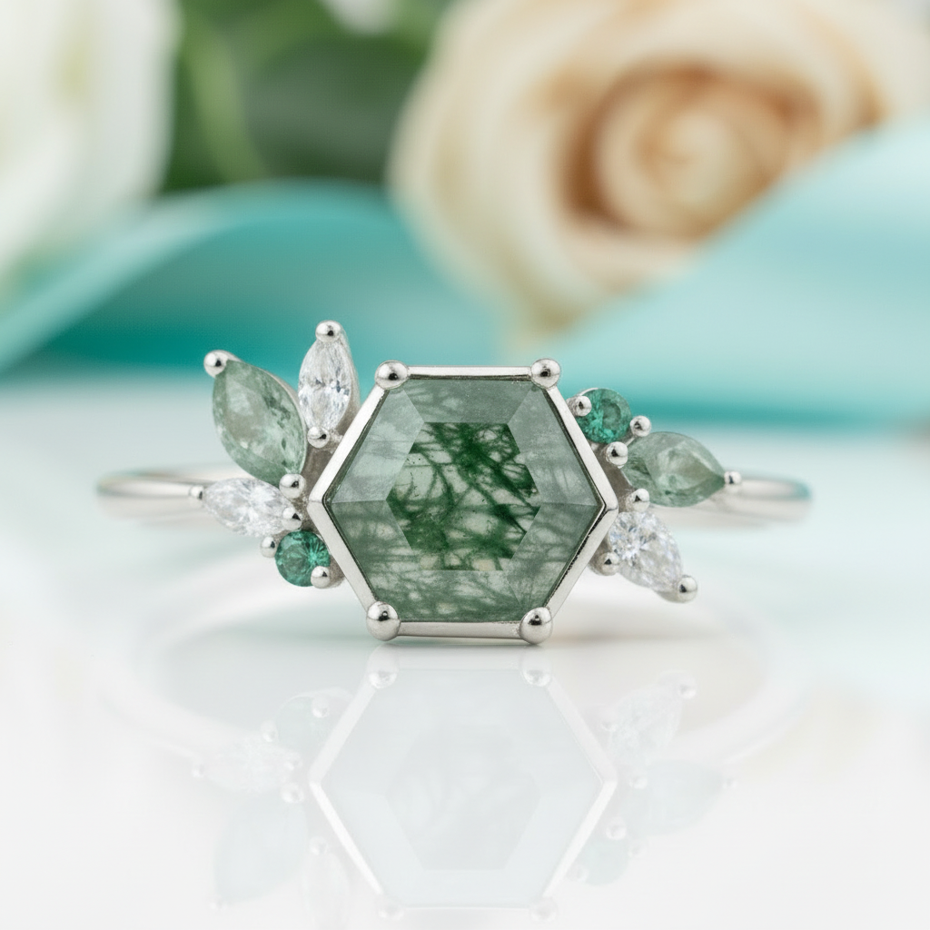 Dewdrop's Embrace- Hexagon Cut Moss Agate & Alexandrite Engagement Ring-Evani Jewelry