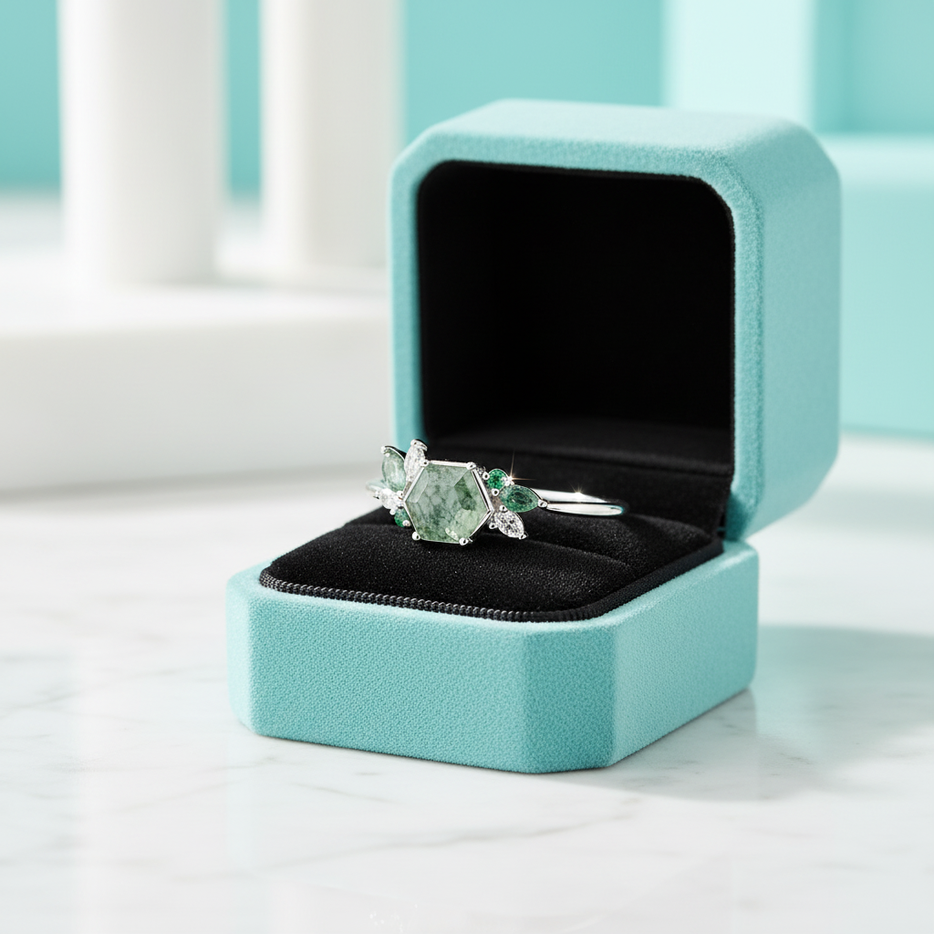 Dewdrop's Embrace- Hexagon Cut Moss Agate & Alexandrite Engagement Ring